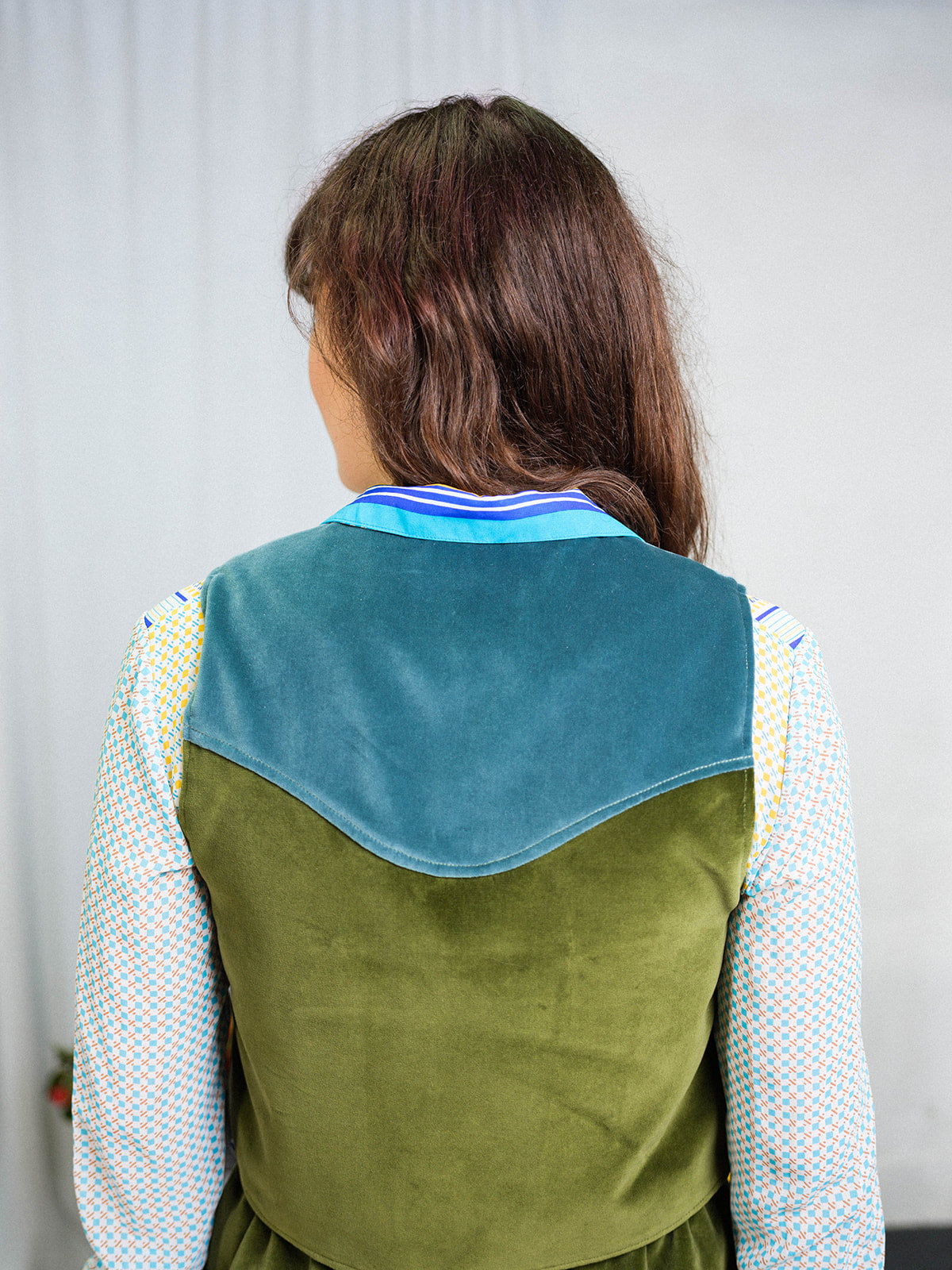 Colour Block Velvet Wasitcoat in Sea Blue & Sage - Size 8