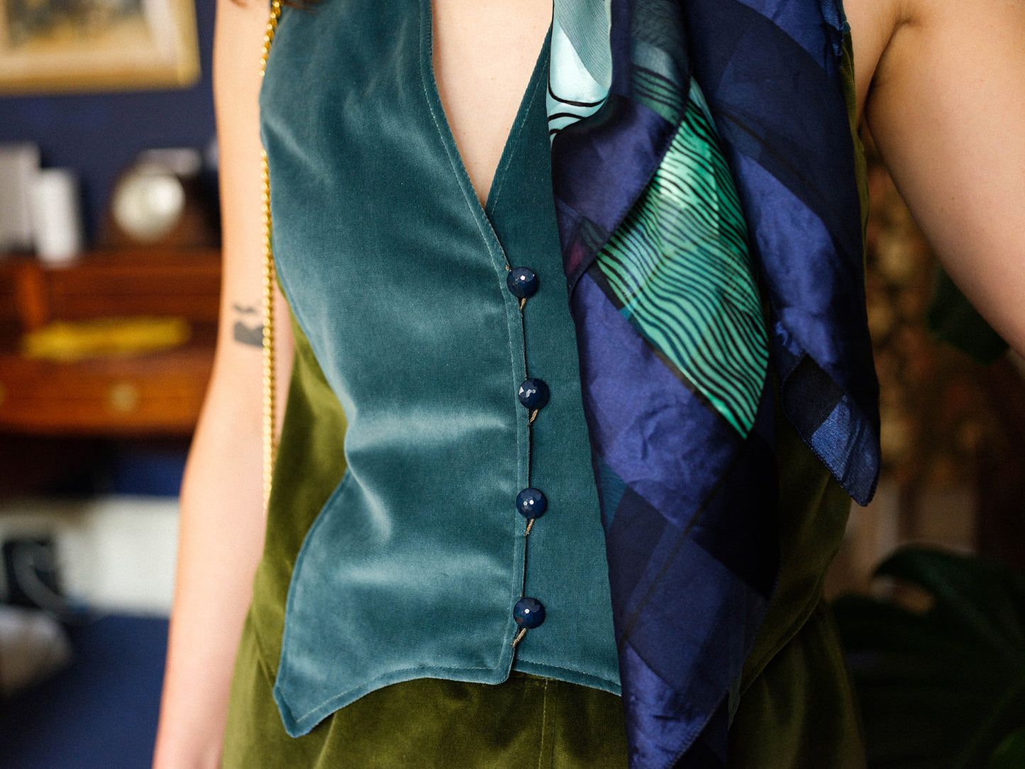 Colour Block Velvet Wasitcoat in Sea Blue & Sage - Size 8