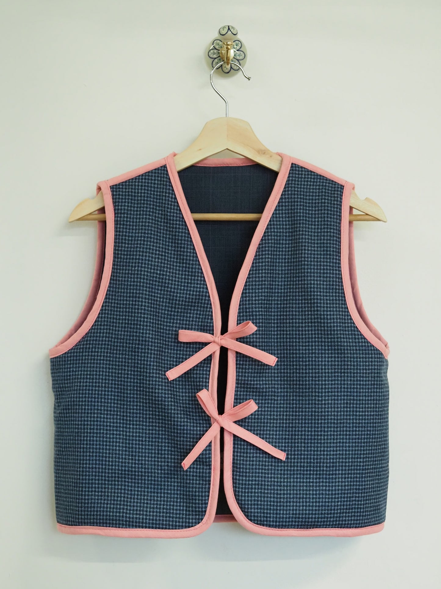 Reversible Pink & Blue Screen Printed Wool Quilt Vest - Small (UK 8-10)