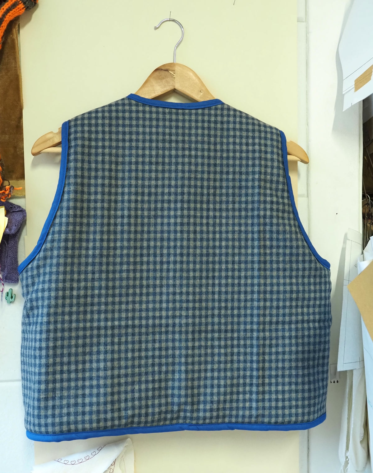 Reversible Blue & Grey Wool Quilt Vest - Medium