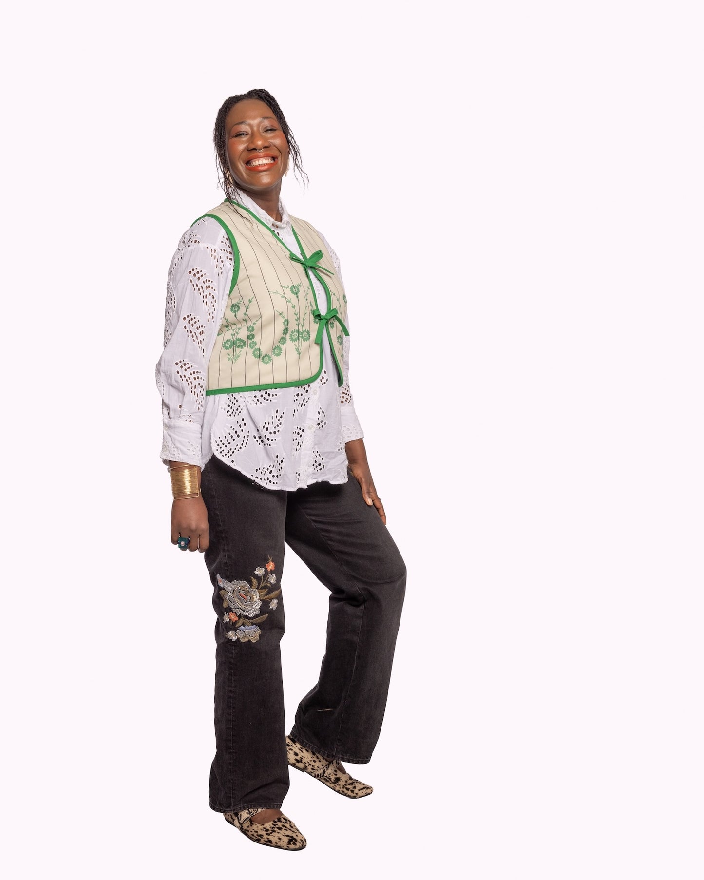 Reversible Green & Cream Wool Quilt Vest - Large