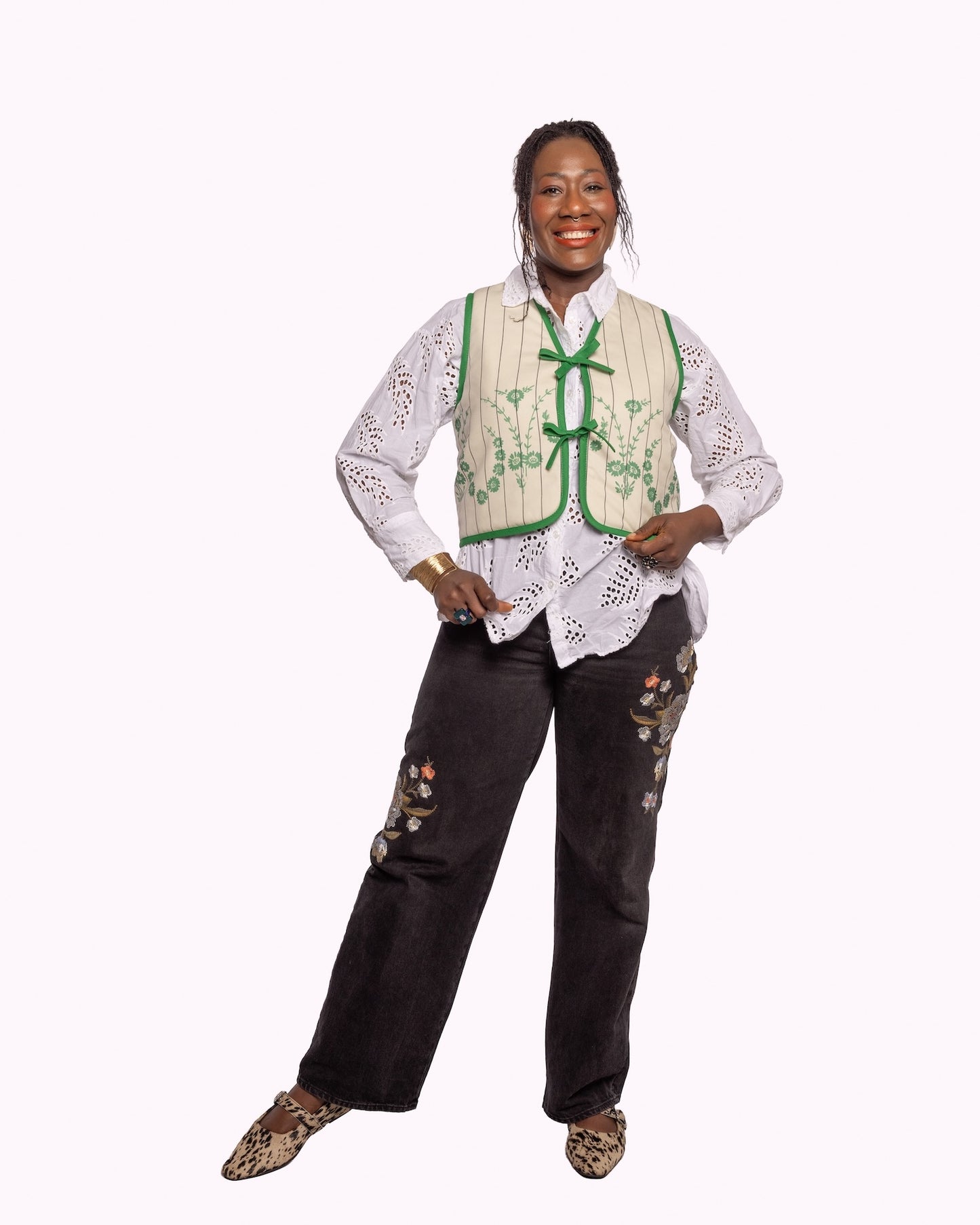 Reversible Green & Cream Wool Quilt Vest - Large