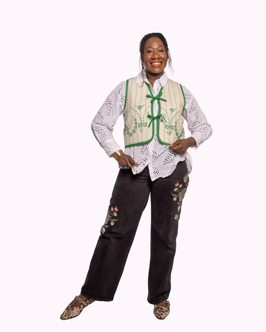 Reversible Green & Cream Wool Quilt Vest - Large