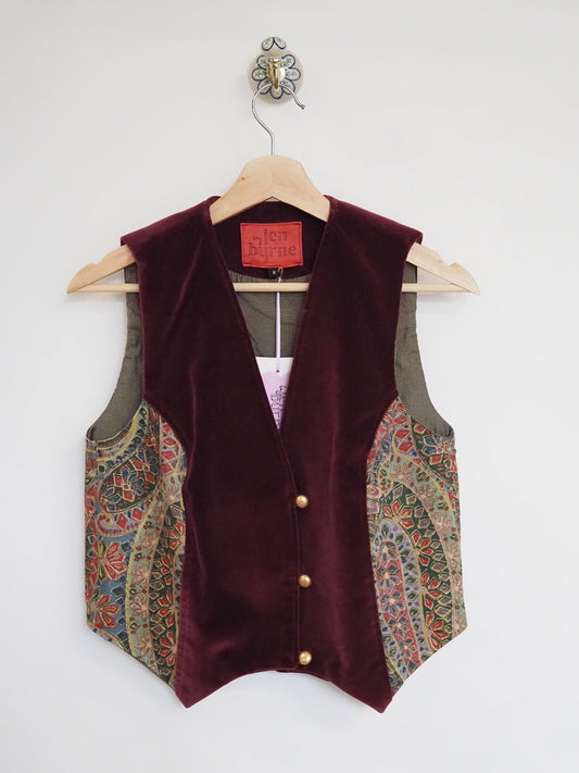 'Merlot Mosaic' Waistcoat in Vintage Print & Cotton Velvet - UK8