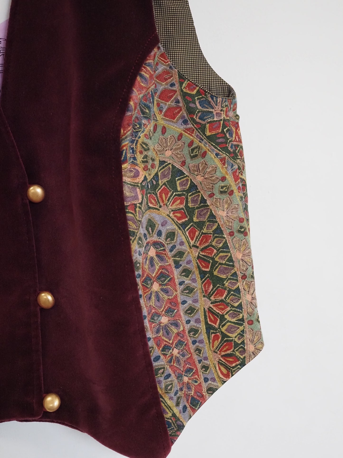 'Merlot Mosaic' Waistcoat in Vintage Print & Cotton Velvet - UK8