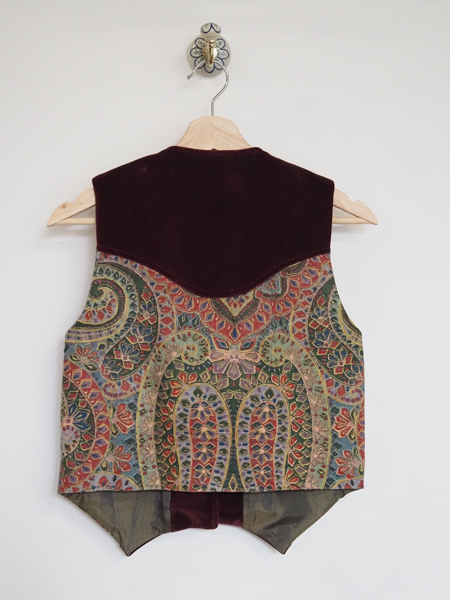 'Merlot Mosaic' Waistcoat in Vintage Print & Cotton Velvet - UK8