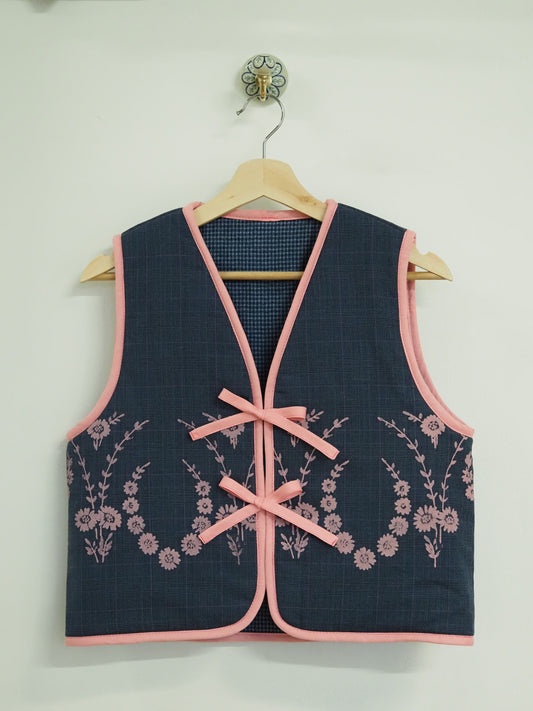 Reversible Pink & Blue Screen Printed Wool Quilt Vest - Small (UK 8-10)