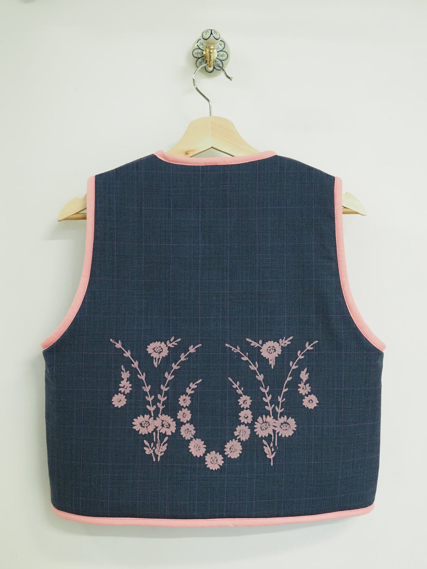 Reversible Pink & Blue Screen Printed Wool Quilt Vest - Small (UK 8-10)