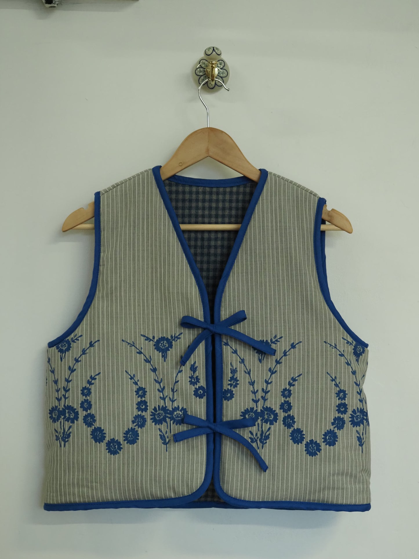 Reversible Blue & Grey Screenprinted Wool Quilt Vest - Medium (UK 12-14)