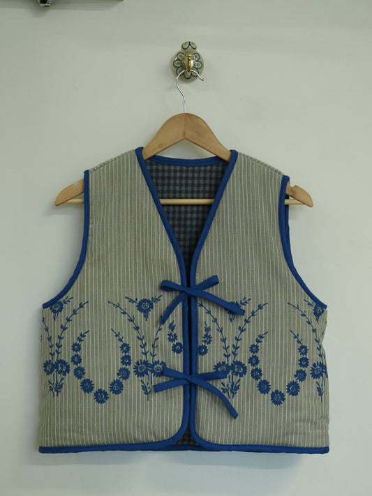 Reversible Blue & Grey Screenprinted Wool Quilt Vest - Medium (UK 12-14)