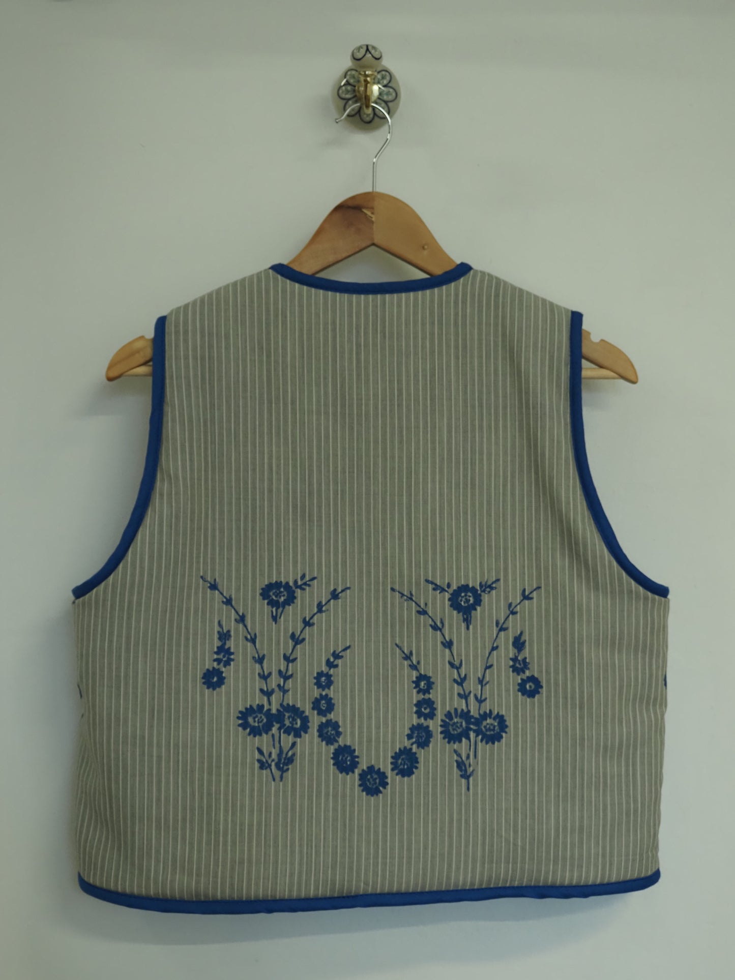 Reversible Blue & Grey Screenprinted Wool Quilt Vest - Medium (UK 12-14)