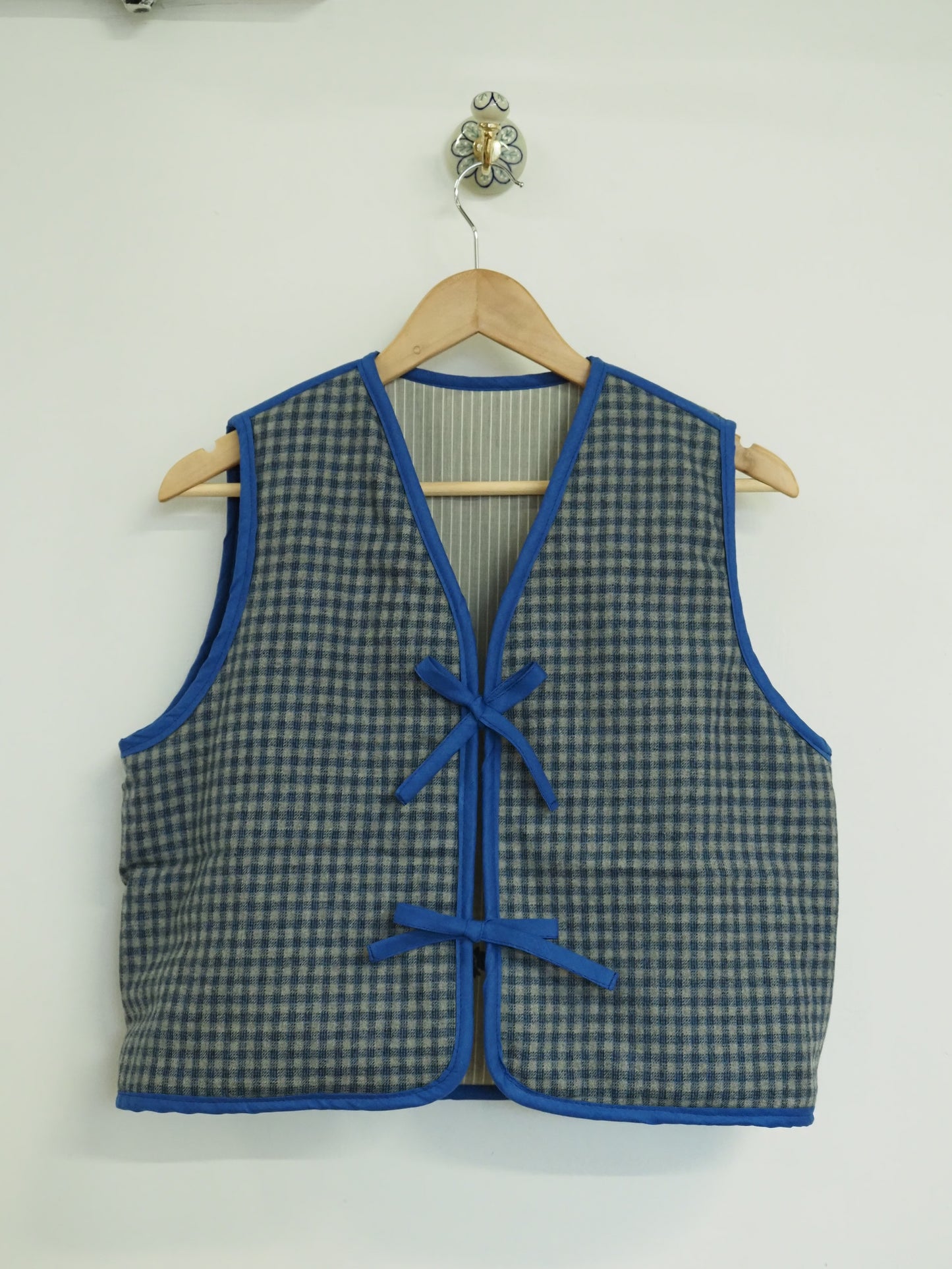 Reversible Blue & Grey Screenprinted Wool Quilt Vest - Medium (UK 12-14)