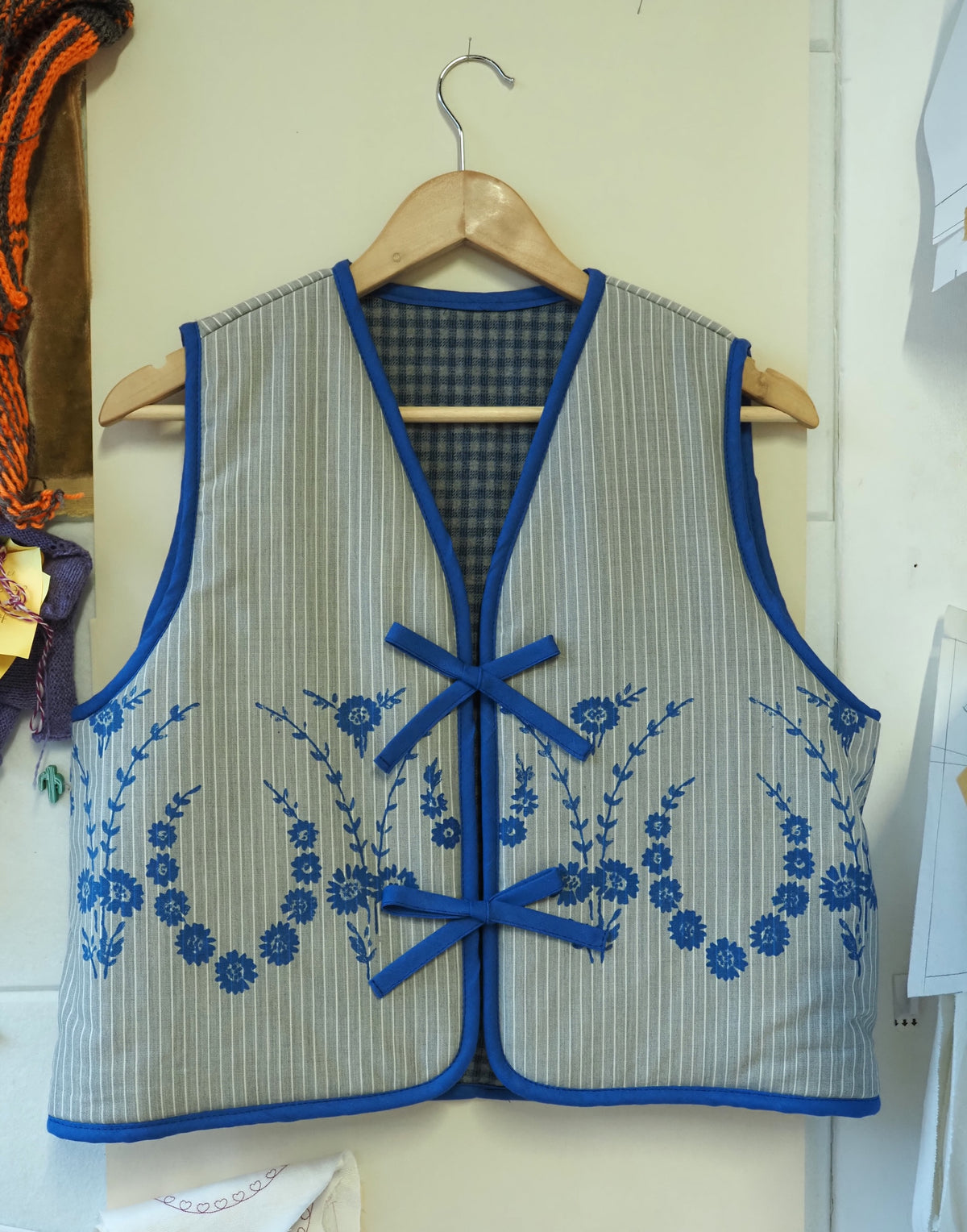 Reversible Blue & Grey Wool Quilt Vest - Medium